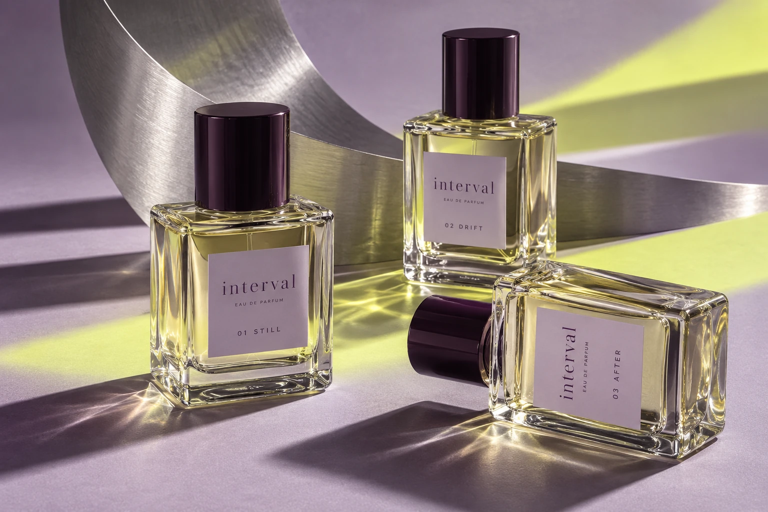 INTERVAL fragrance identity with plum caps, lilac labels and chartreuse light