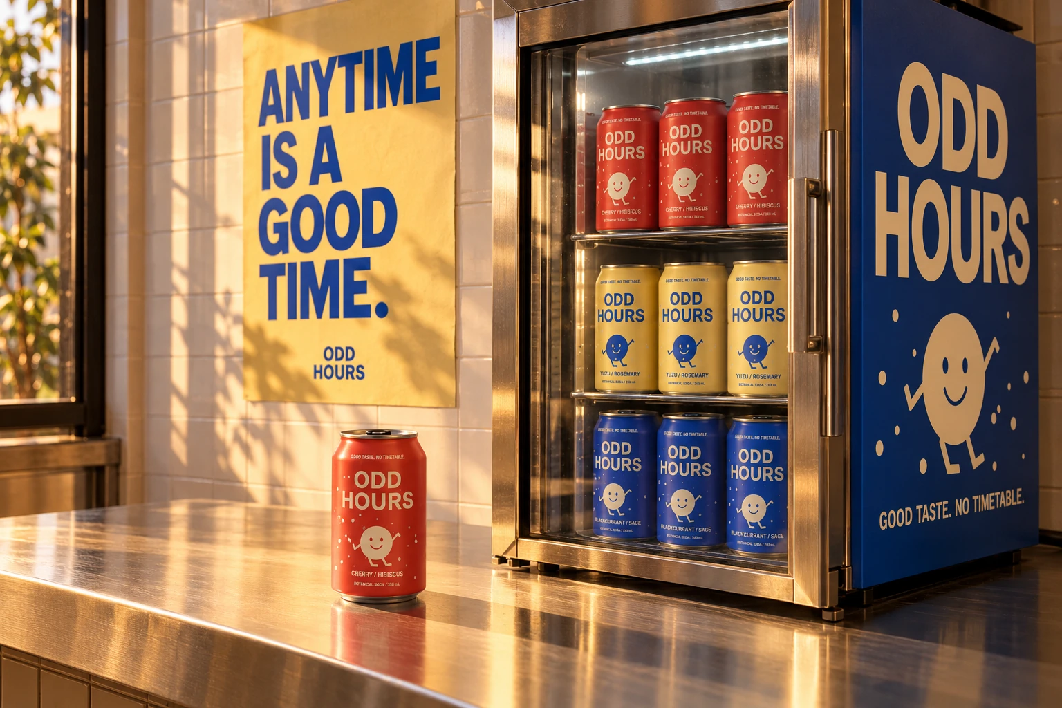 ODD HOURS branded drinks fridge, yellow campaign poster and a red can on a sunlit café counter