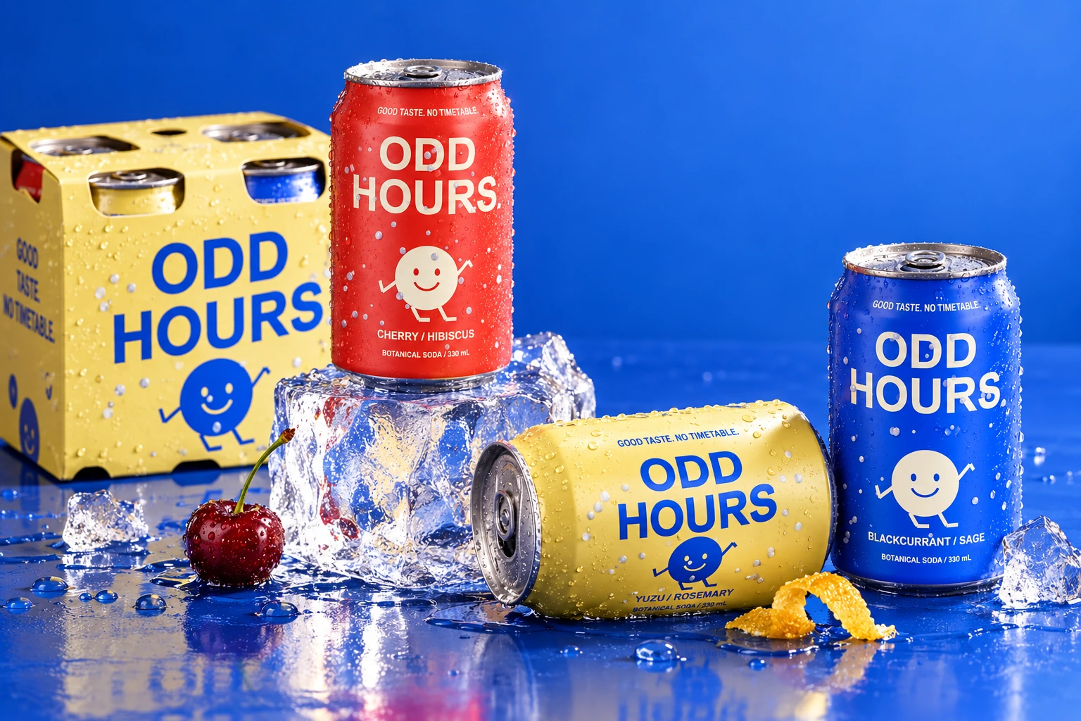 ODD HOURS botanical soda brand with colourful cans, ice and four-pack packaging