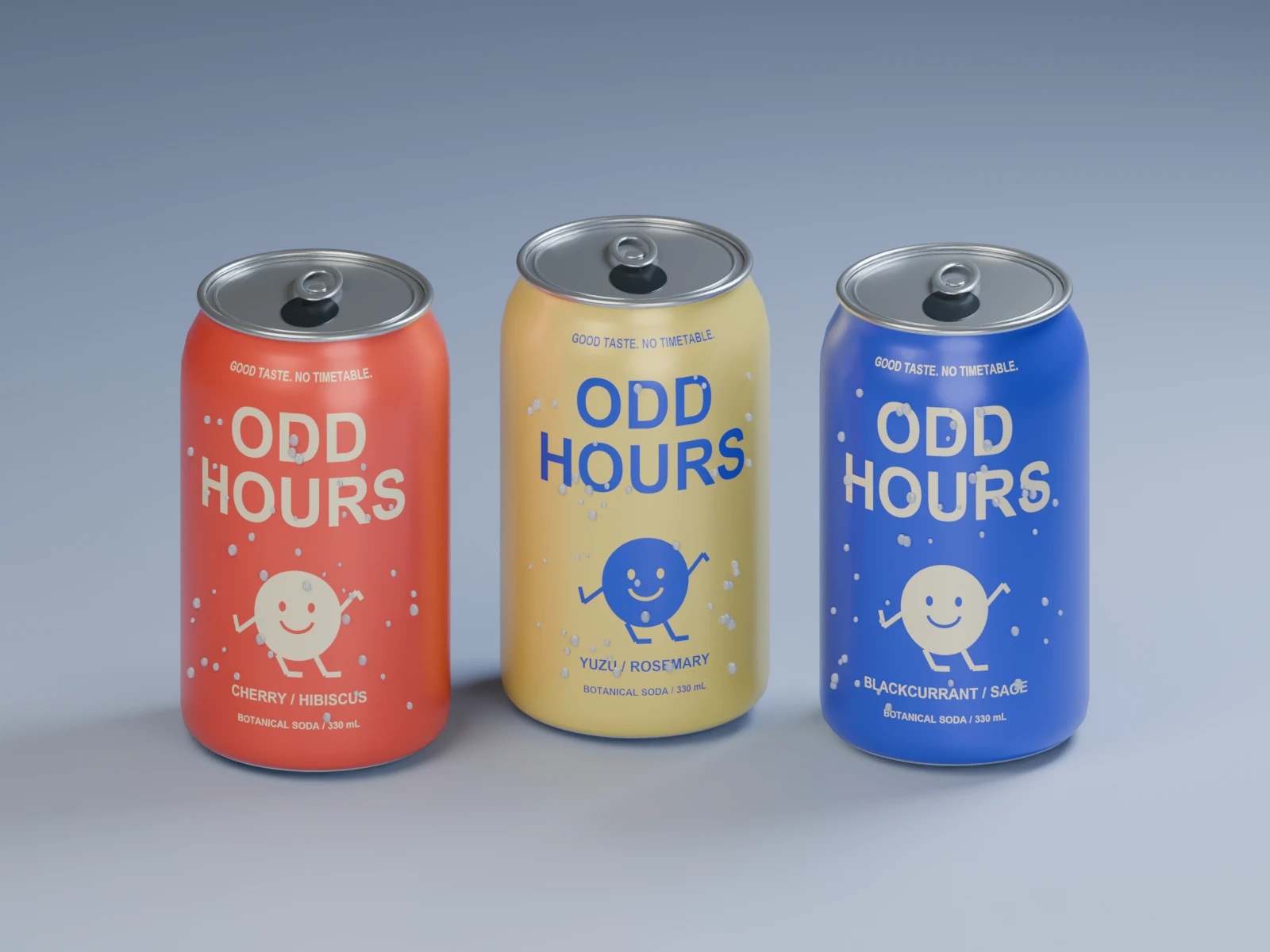 Actual Blender render of the three ODD HOURS 3D can models with mapped artwork, metal lids and condensation