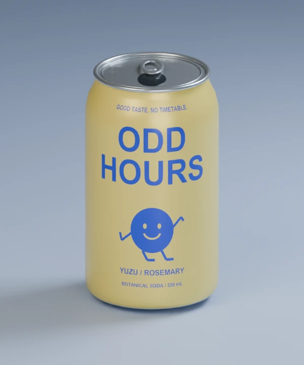 Original ODD HOURS soda-can model with mapped label artwork and a detailed aluminium top