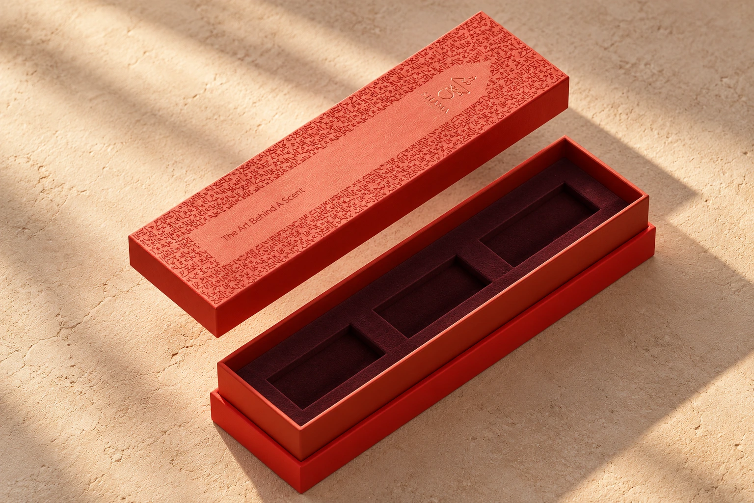 The original red presentation-box design in warm studio light, with burgundy inserts and a patterned detached lid