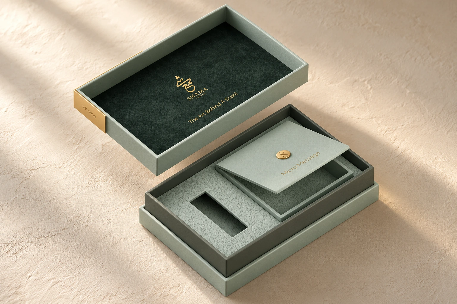 Nour’s sage and gold presentation kit in an AI-assisted material and lighting study