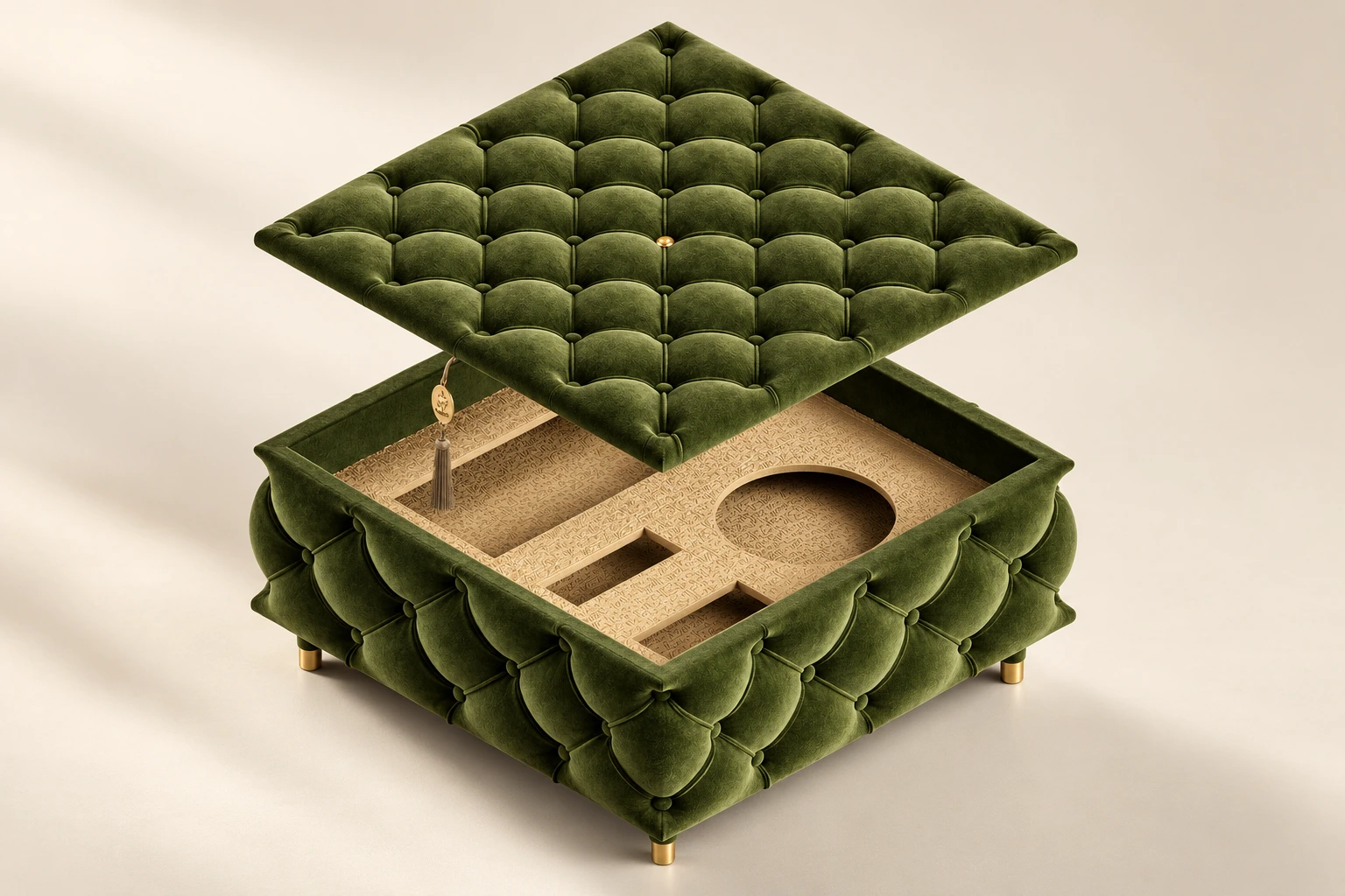 Olive velvet tufted presentation chest with a fitted gold insert and small brass feet
