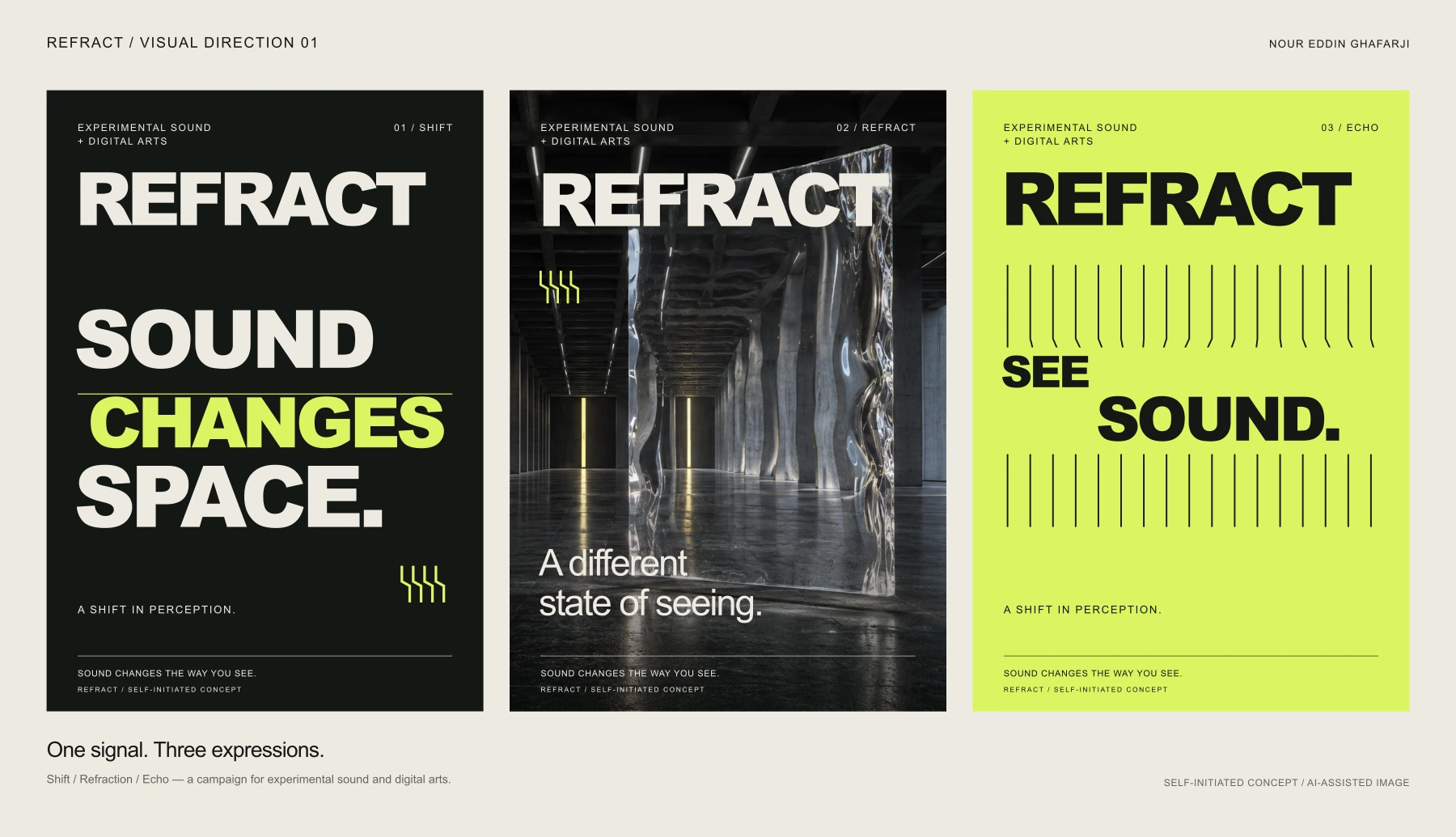 REFRACT poster family: black Shift typography, the architectural Refraction image, and an acid-yellow Echo line pattern