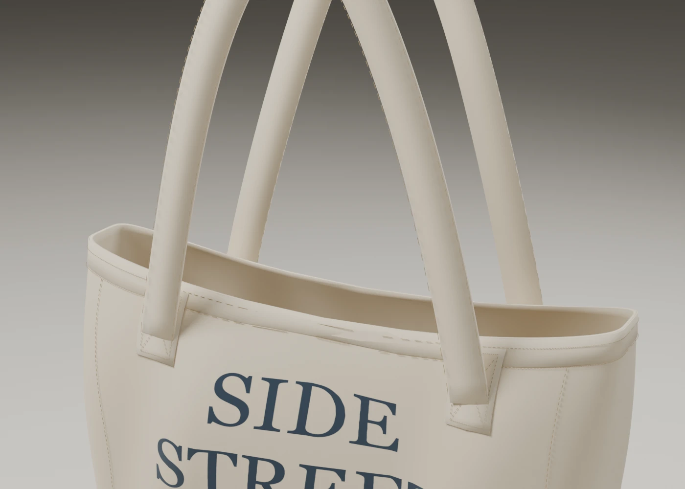 Native 3D close-up of the carryall’s folded top hem, stitched webbing attachments and textured canvas