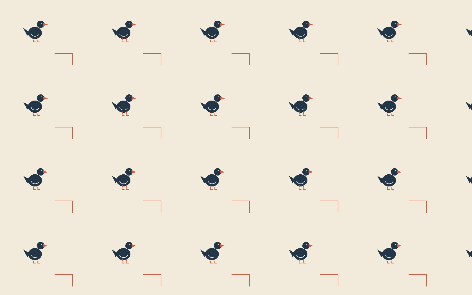Repeating curious bird and right-angle vermilion path pattern for tissue paper