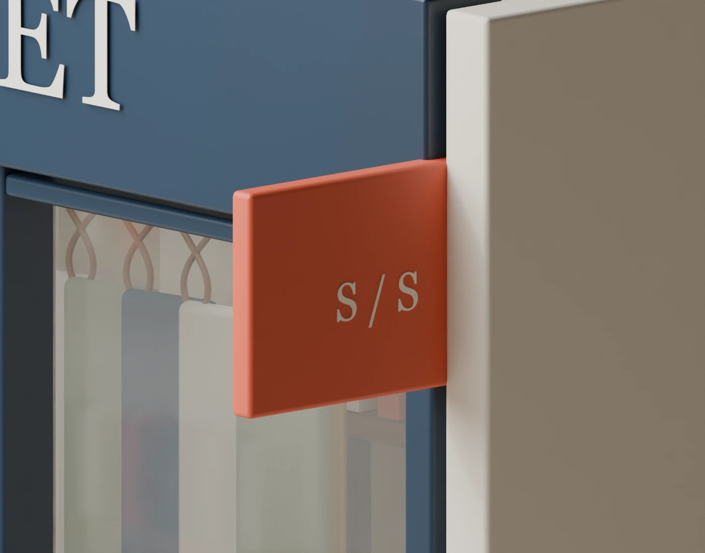Corrected 3D signage mockup showing S / S lettering seated on the vermilion sign face, with the board attached at the shopfront