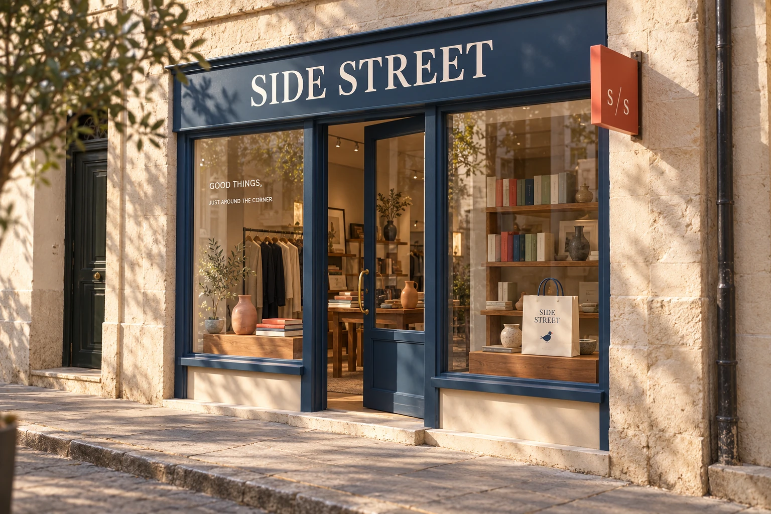 SIDE STREET identity applied to an independent store's fascia, projecting sign and windows