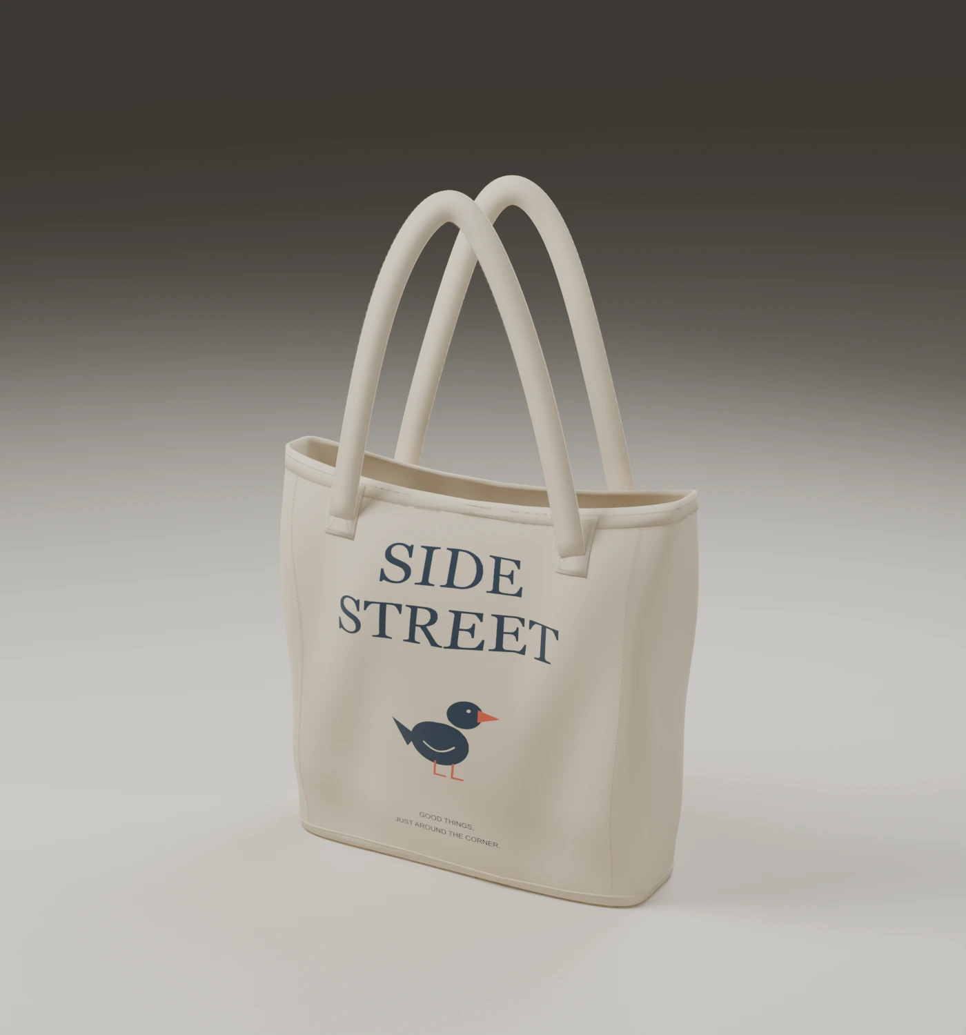 Refined SIDE STREET carryall model with soft cloth shaping, a sewn base, folded hem, box-X stitching and printed artwork